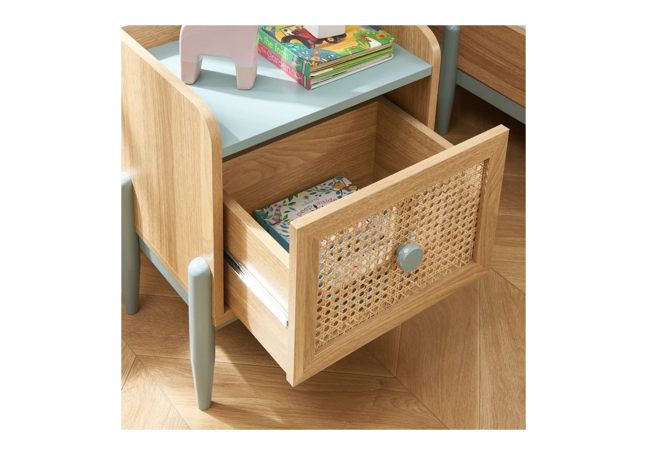 Table de chevet PABLO bleu et cannage rotin 1 tiroir