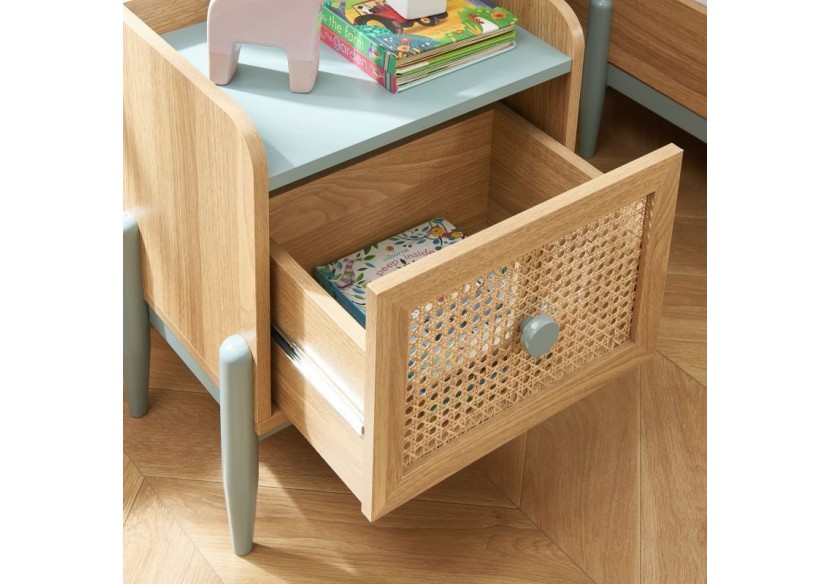 Table de chevet PABLO bleu et cannage rotin 1 tiroir