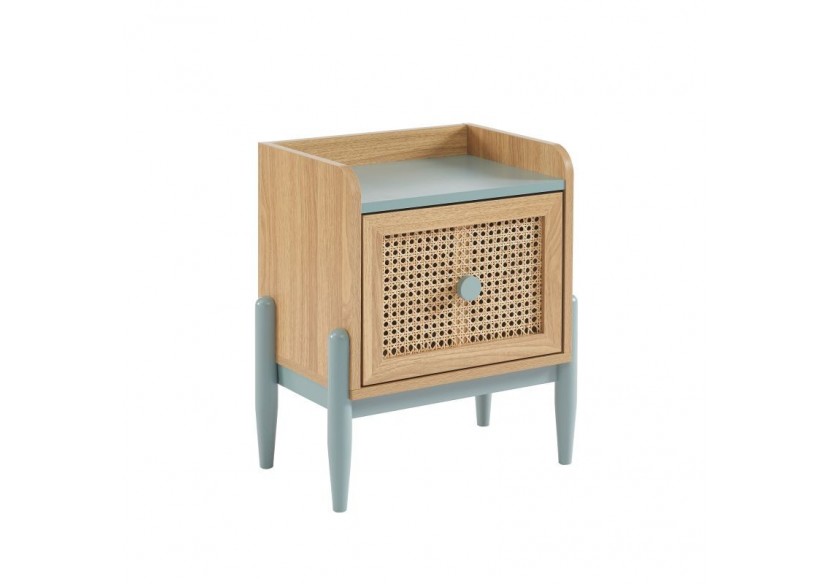 Table de chevet PABLO bleu et cannage rotin 1 tiroir
