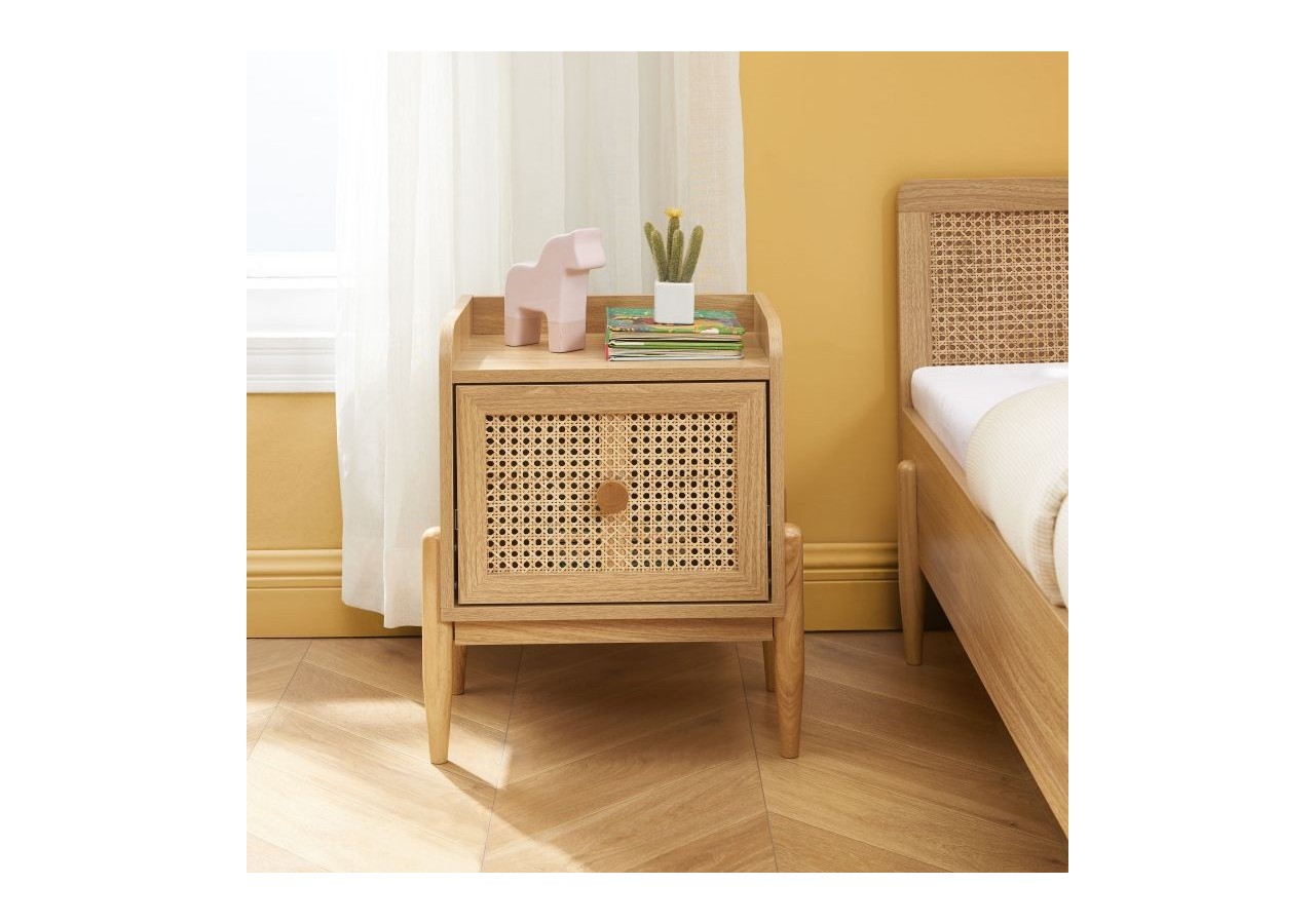 Table de chevet PABLO cannage rotin et effet bois 1 tiroir