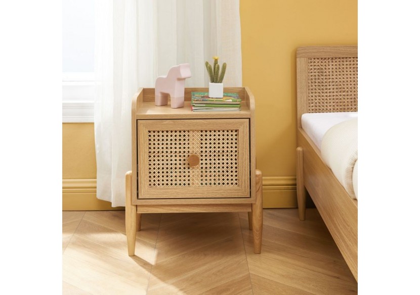Table de chevet PABLO cannage rotin et effet bois 1 tiroir