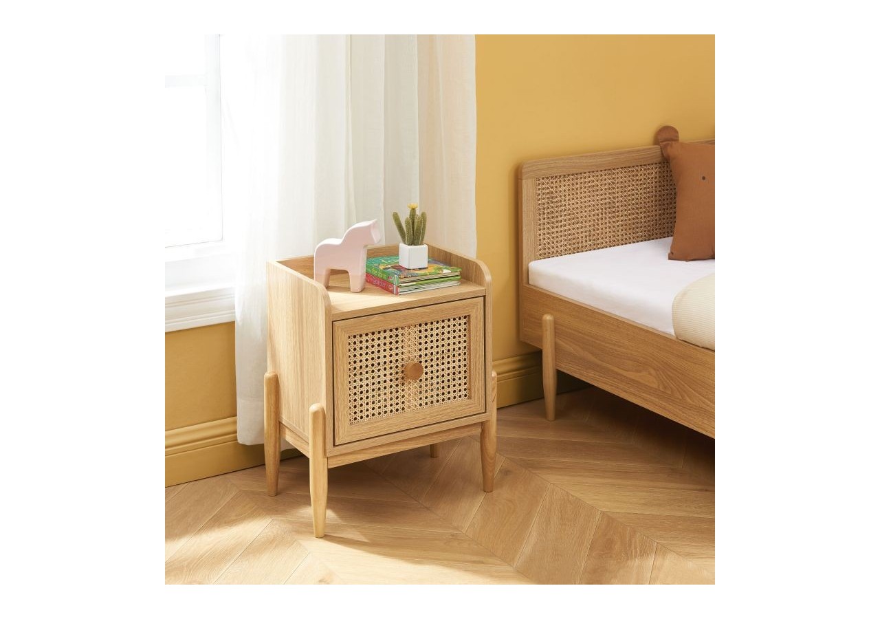 Table de chevet PABLO cannage rotin et effet bois 1 tiroir