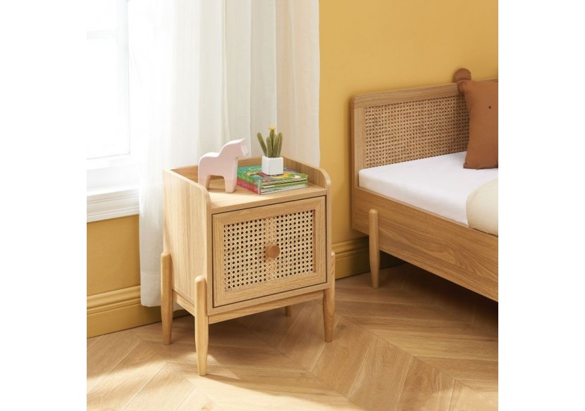 Table de chevet PABLO cannage rotin et effet bois 1 tiroir