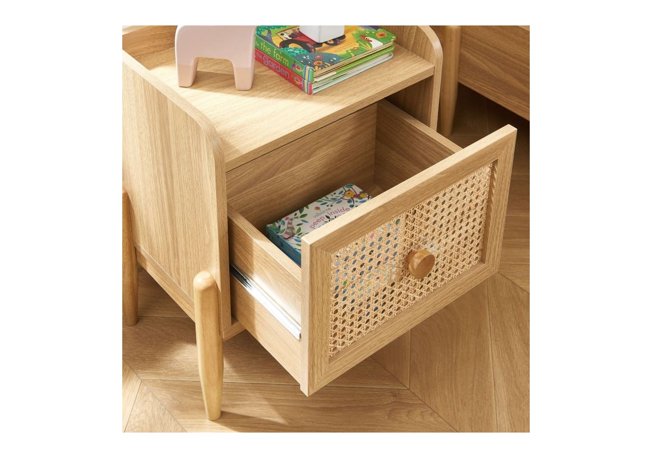 Table de chevet PABLO cannage rotin et effet bois 1 tiroir