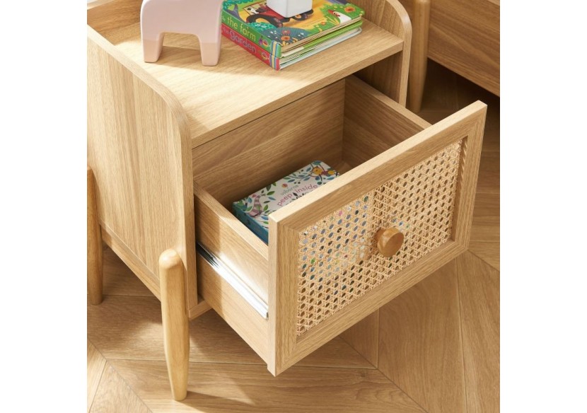 Table de chevet PABLO cannage rotin et effet bois 1 tiroir