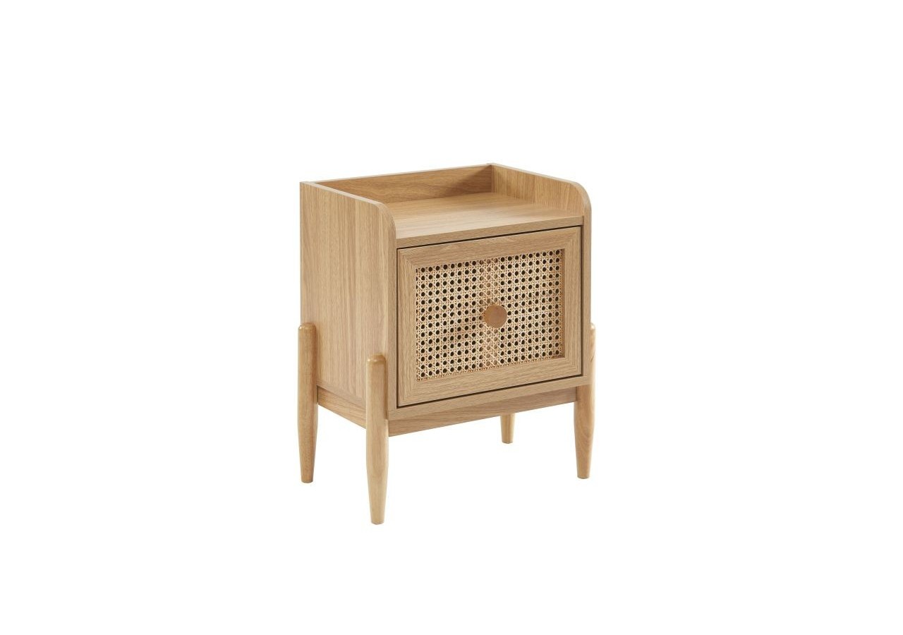 Table de chevet PABLO cannage rotin et effet bois 1 tiroir