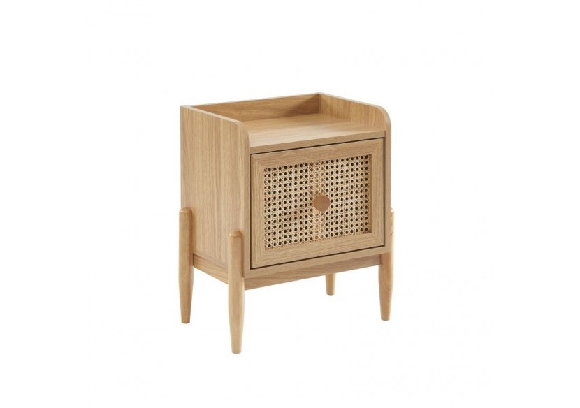 Table de chevet PABLO cannage rotin et effet bois 1 tiroir