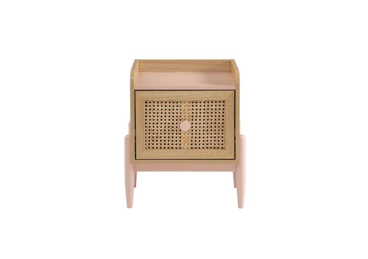Table de chevet PABLO rose et cannage rotin 1 tiroir
