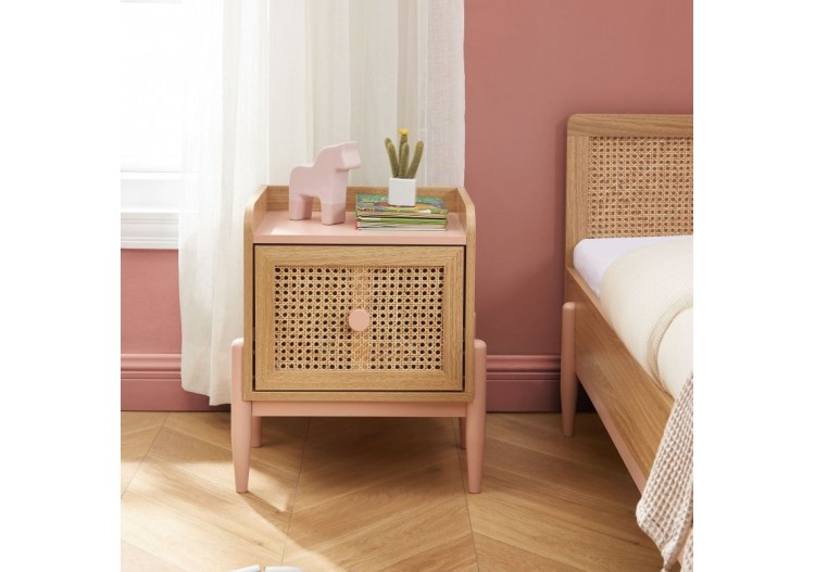 Table de chevet PABLO rose et cannage rotin 1 tiroir 2