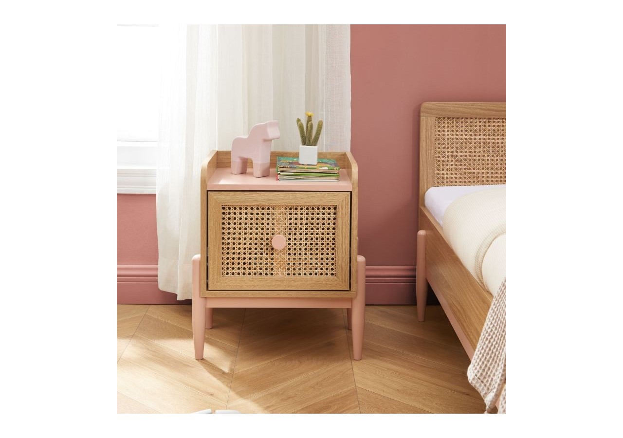 Table de chevet PABLO rose et cannage rotin 1 tiroir