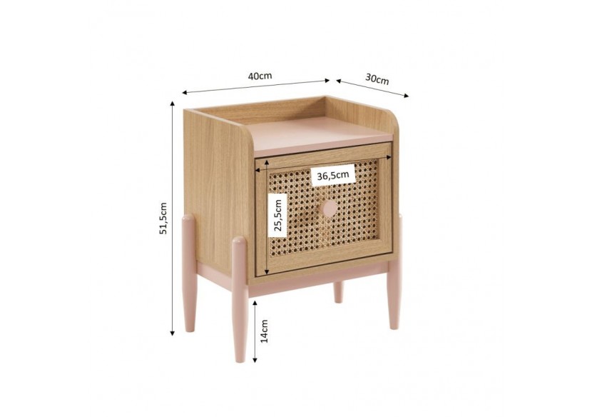 Table de chevet PABLO rose et cannage rotin 1 tiroir