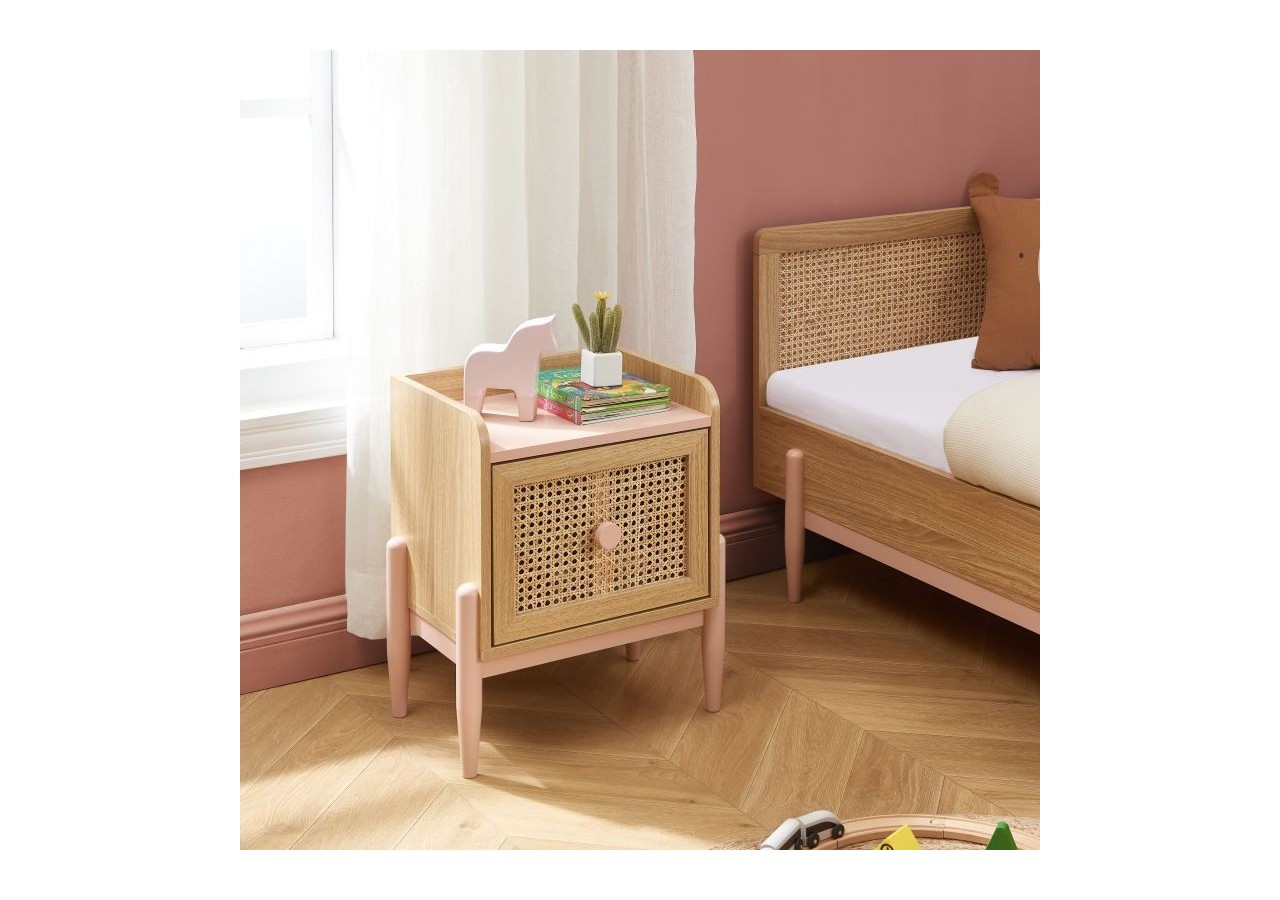 Table de chevet PABLO rose et cannage rotin 1 tiroir