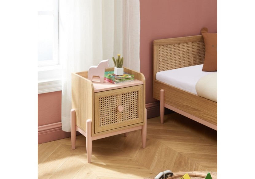Table de chevet PABLO rose et cannage rotin 1 tiroir