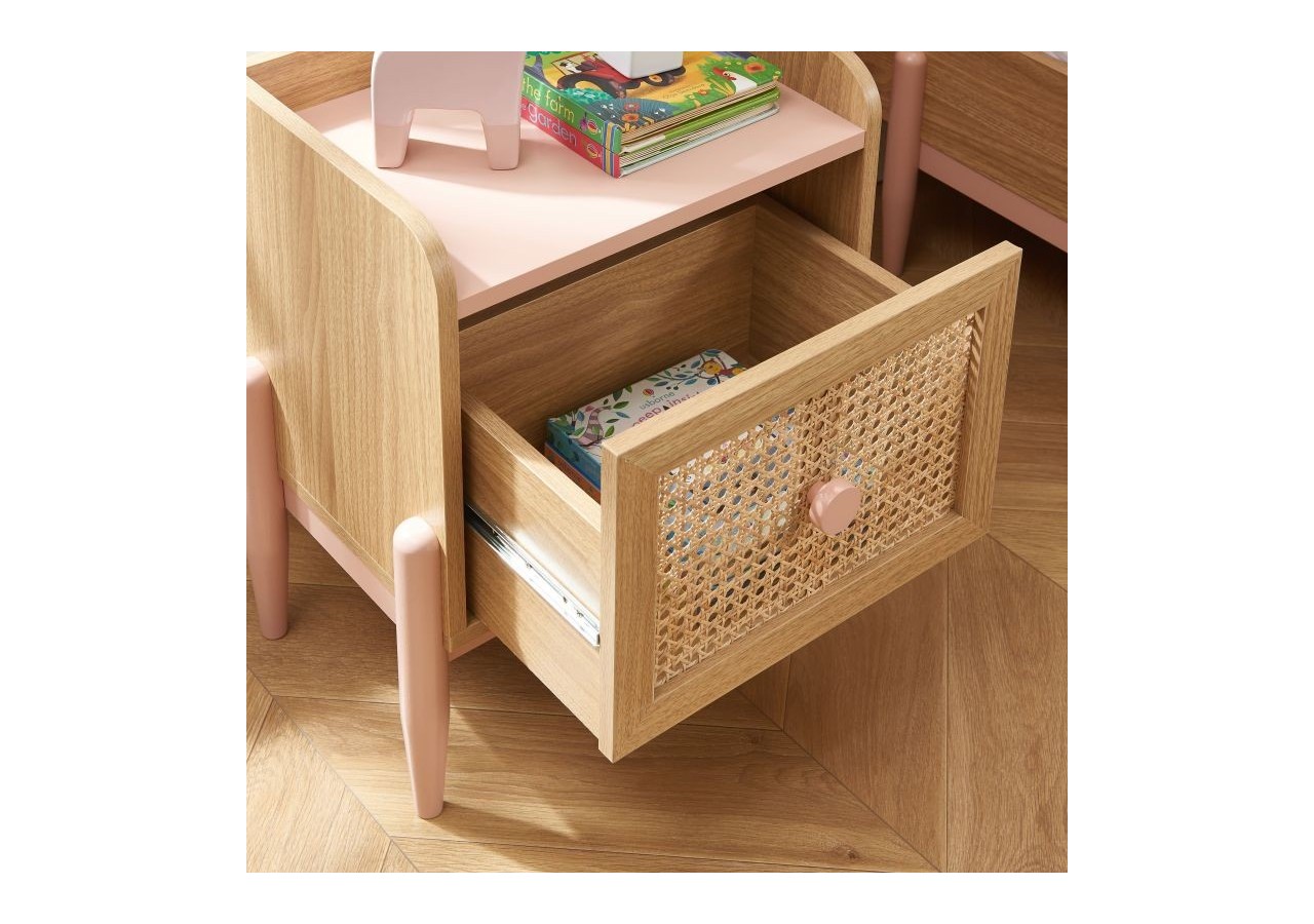 Table de chevet PABLO rose et cannage rotin 1 tiroir