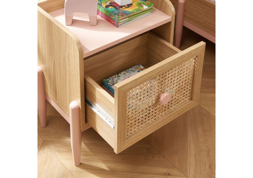 Table de chevet PABLO rose et cannage rotin 1 tiroir