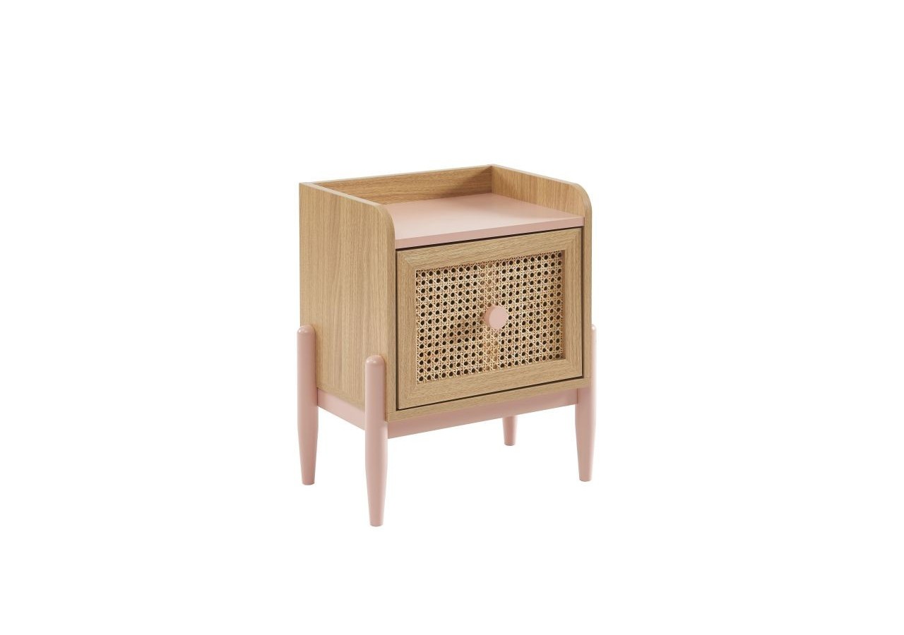 Table de chevet PABLO rose et cannage rotin 1 tiroir