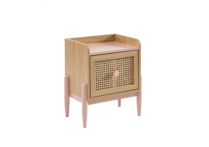 Table de chevet PABLO rose et cannage rotin 1 tiroir
