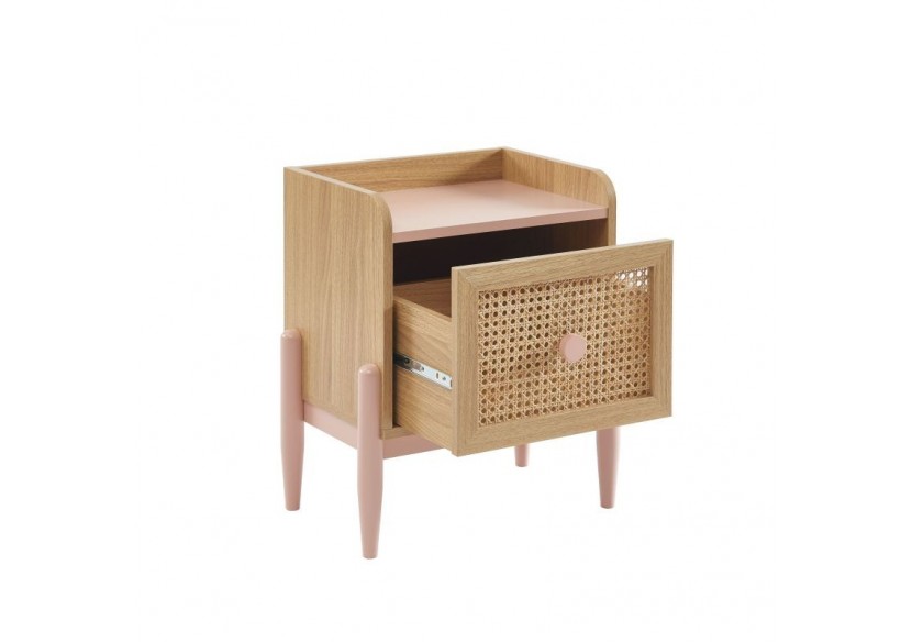 Table de chevet PABLO rose et cannage rotin 1 tiroir