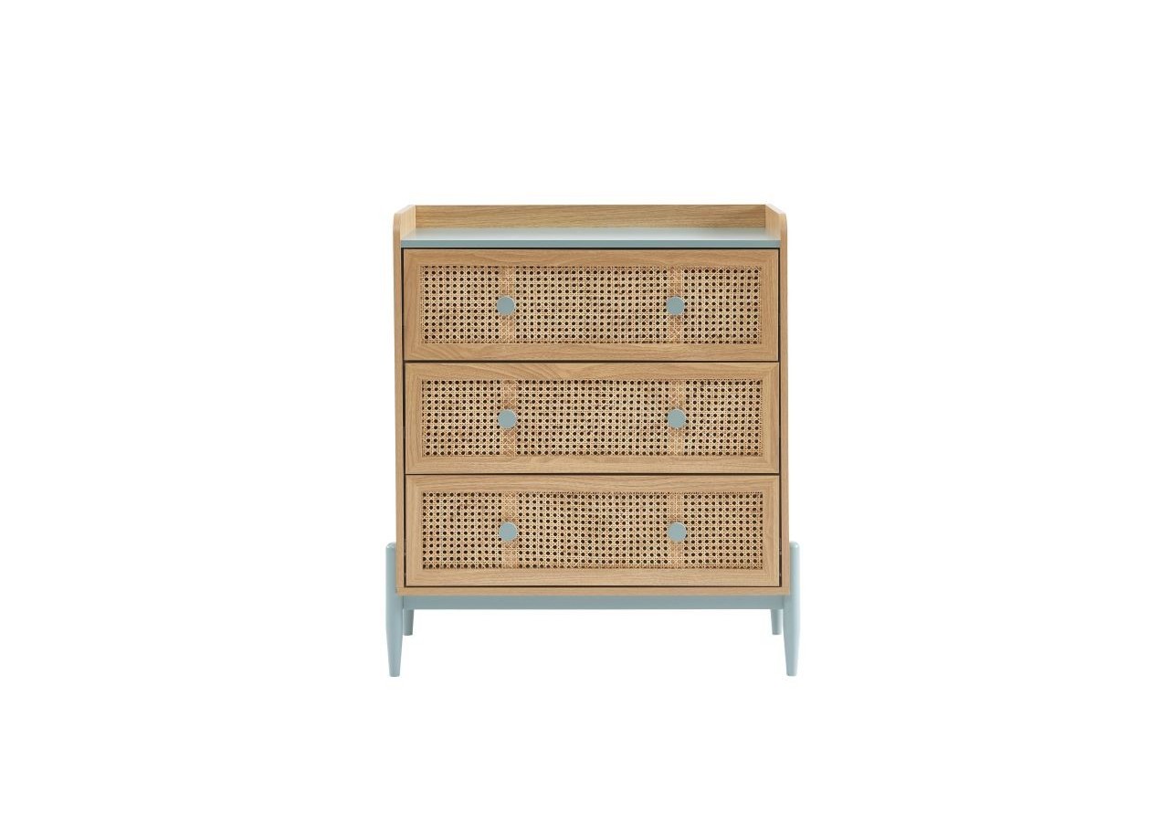 Commode PABLO bleu et cannage rotin 3 tiroirs