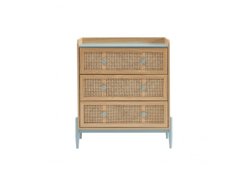 Commode PABLO bleu et cannage rotin 3 tiroirs