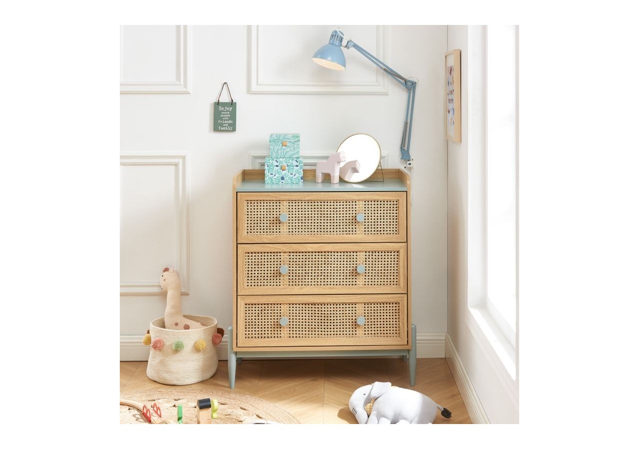 Commode PABLO bleu et cannage rotin 3 tiroirs