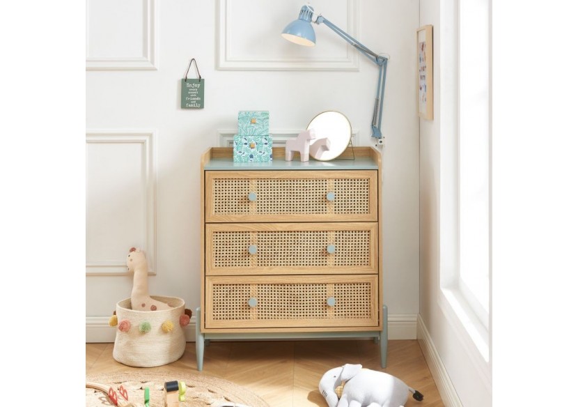 Commode PABLO bleu et cannage rotin 3 tiroirs