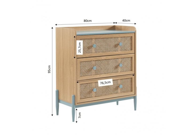 Commode PABLO bleu et cannage rotin 3 tiroirs
