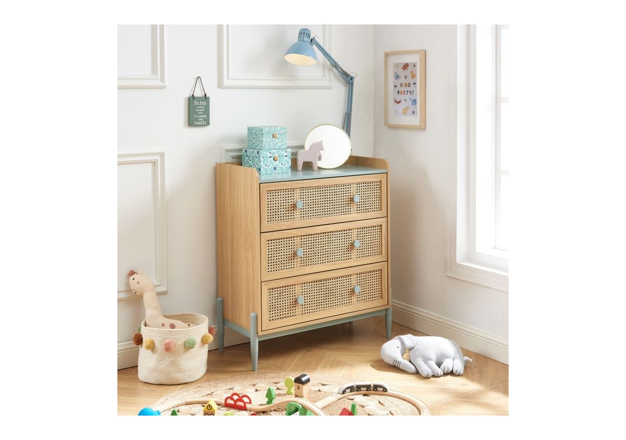 Commode PABLO bleu et cannage rotin 3 tiroirs