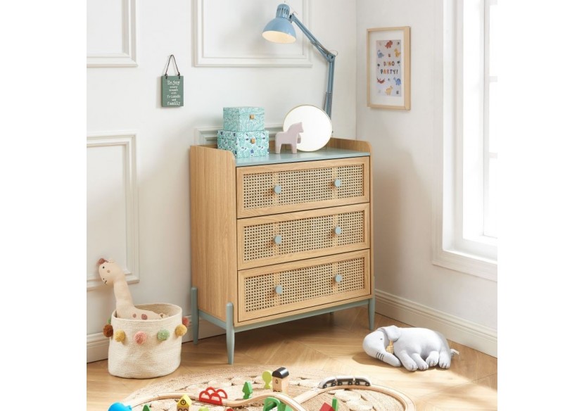 Commode PABLO bleu et cannage rotin 3 tiroirs