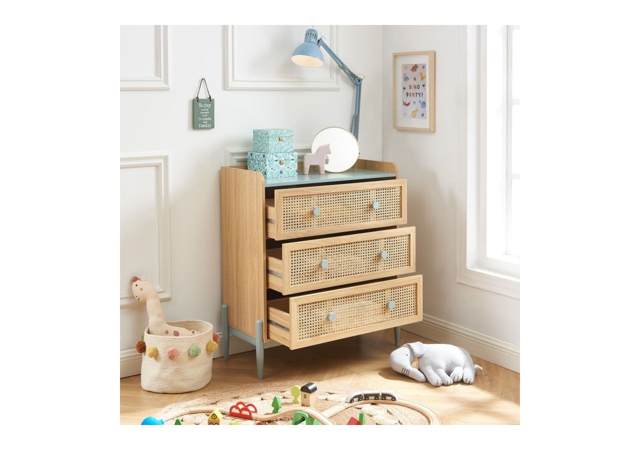 Commode PABLO bleu et cannage rotin 3 tiroirs