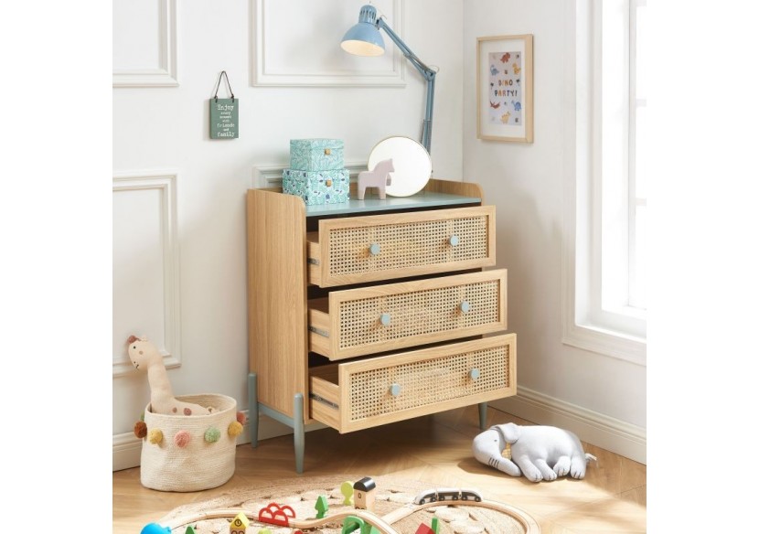 Commode PABLO bleu et cannage rotin 3 tiroirs