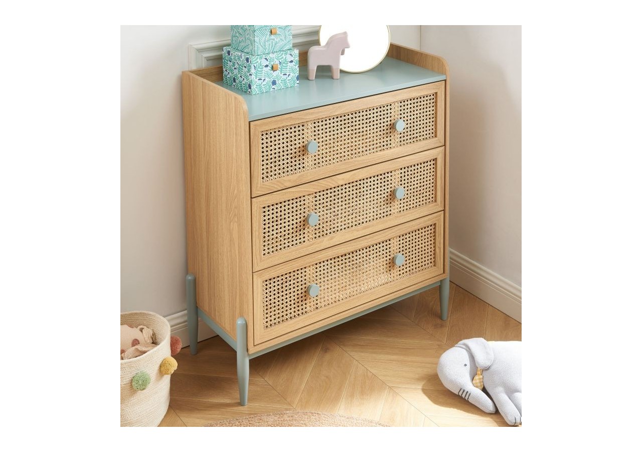 Commode PABLO bleu et cannage rotin 3 tiroirs