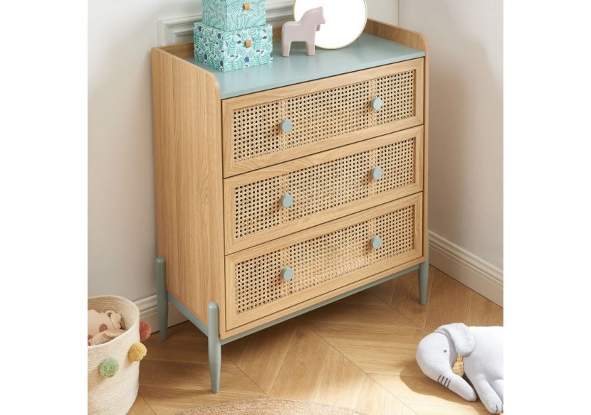 Commode PABLO bleu et cannage rotin 3 tiroirs