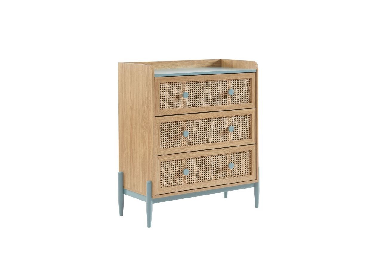 Commode PABLO bleu et cannage rotin 3 tiroirs