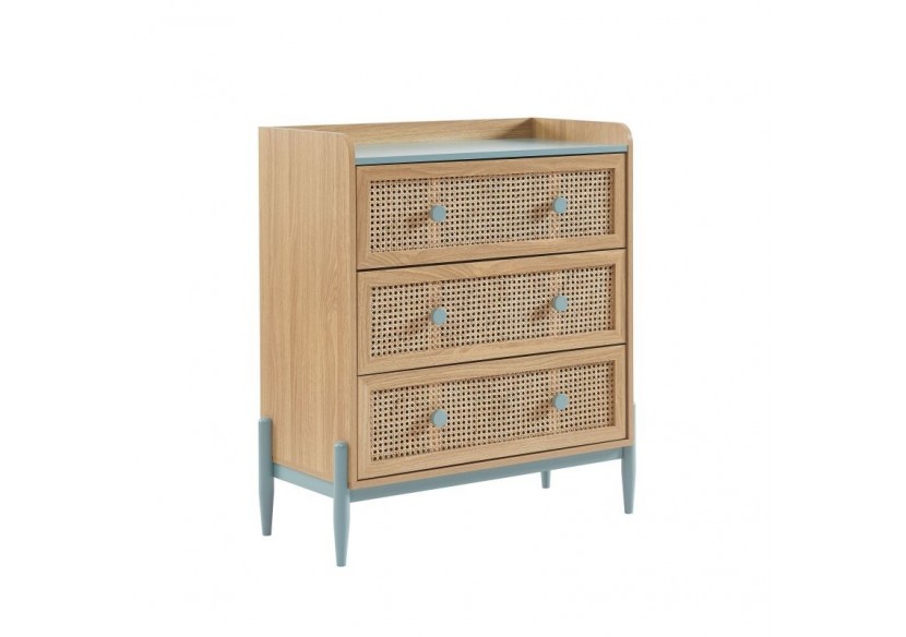 Commode PABLO bleu et cannage rotin 3 tiroirs