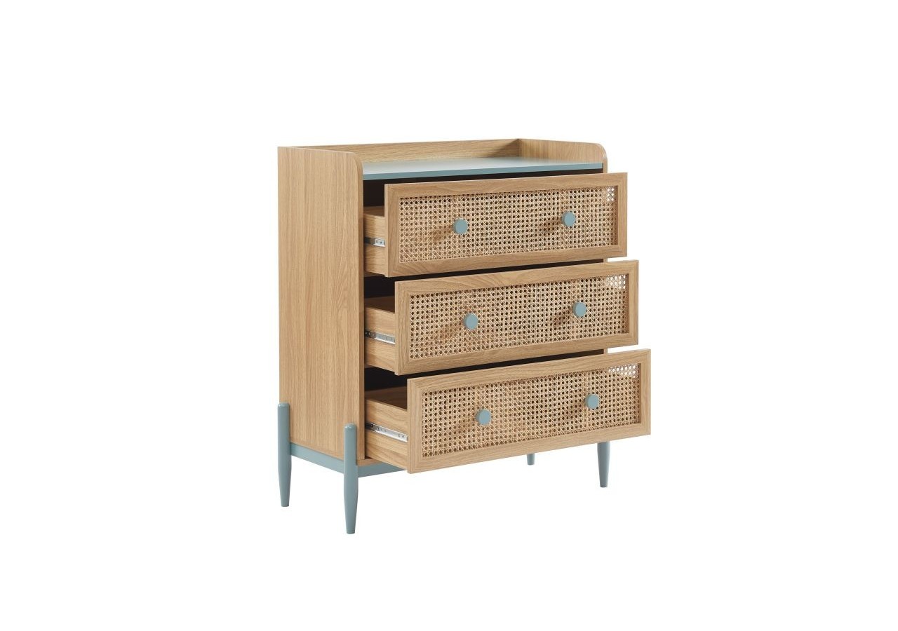 Commode PABLO bleu et cannage rotin 3 tiroirs