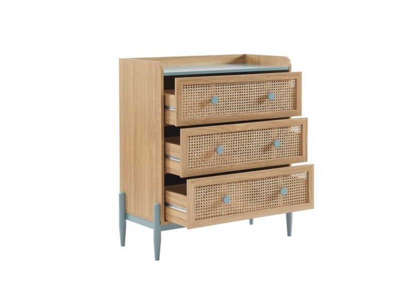 Commode PABLO bleu et cannage rotin 3 tiroirs