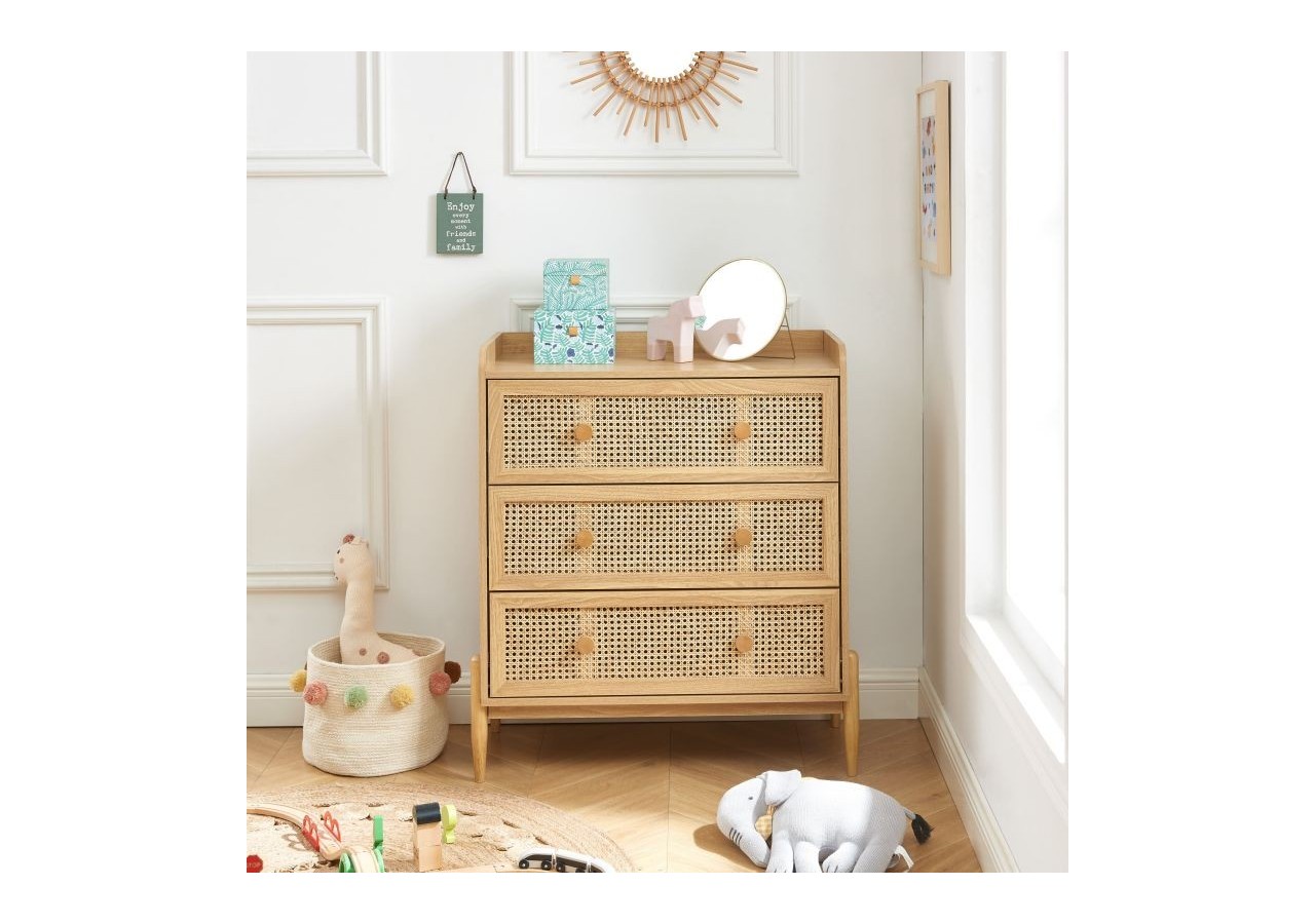 Commode PABLO cannage rotin et effet bois 3 tiroirs
