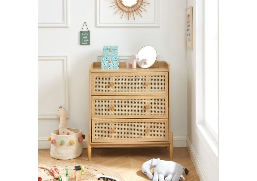 Commode PABLO cannage rotin et effet bois 3 tiroirs