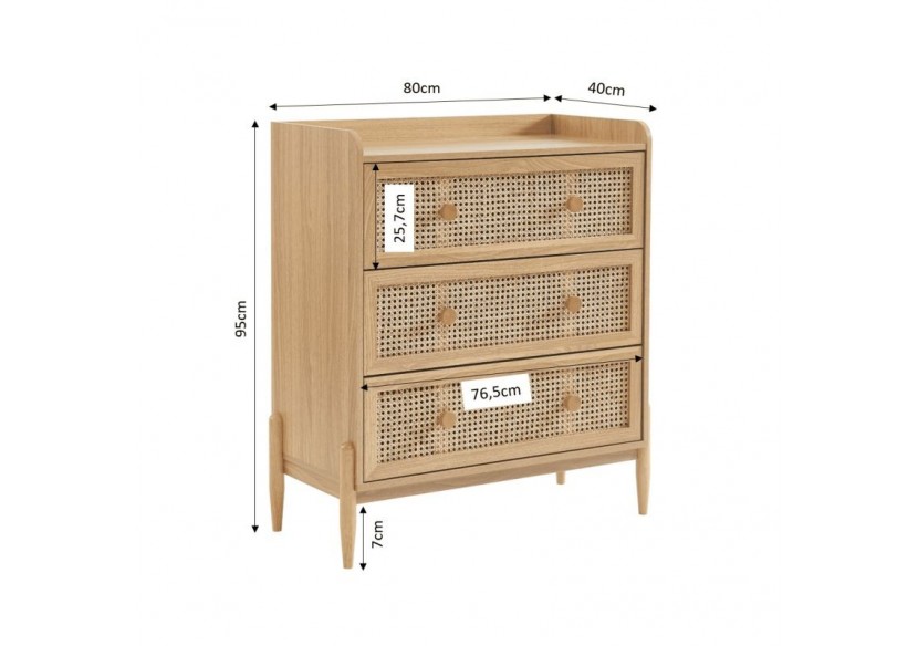 Commode PABLO cannage rotin et effet bois 3 tiroirs