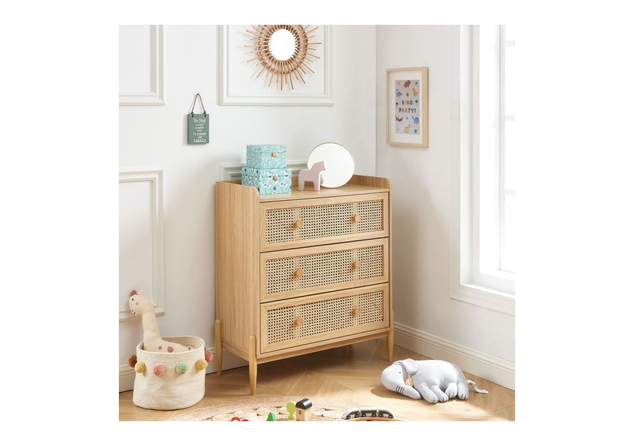 Commode PABLO cannage rotin et effet bois 3 tiroirs