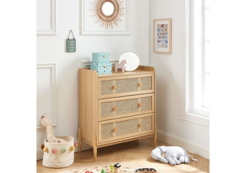 Commode PABLO cannage rotin et effet bois 3 tiroirs