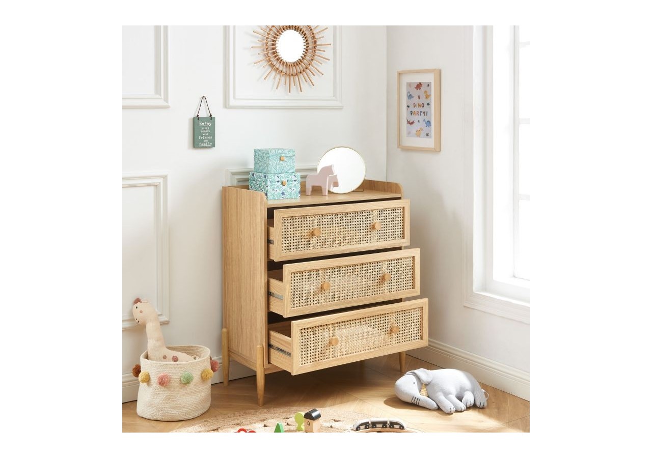Commode PABLO cannage rotin et effet bois 3 tiroirs