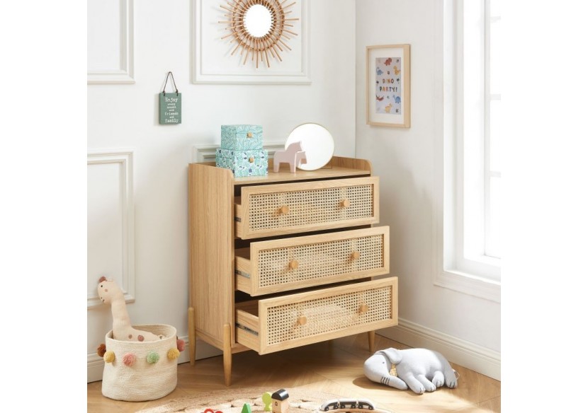 Commode PABLO cannage rotin et effet bois 3 tiroirs