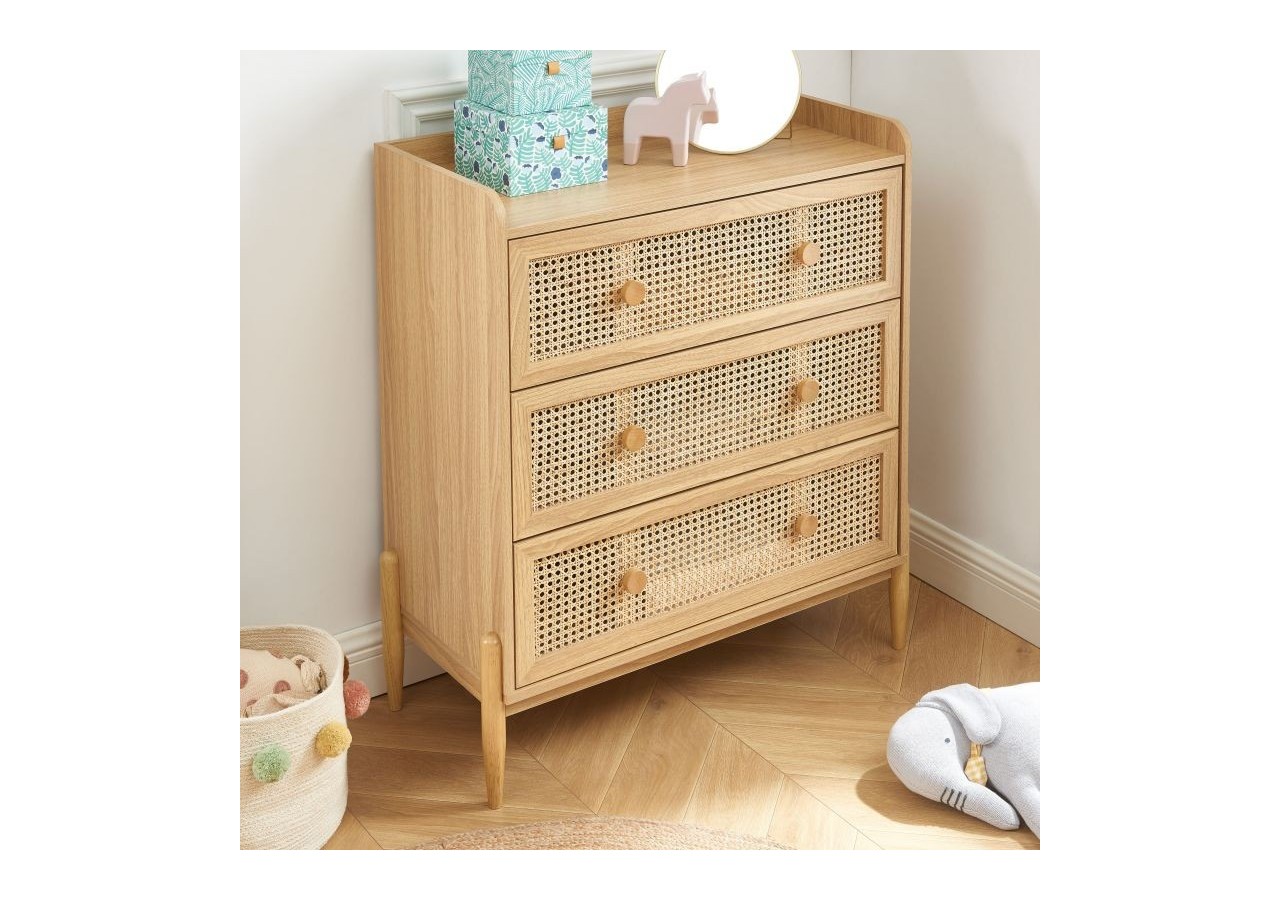 Commode PABLO cannage rotin et effet bois 3 tiroirs