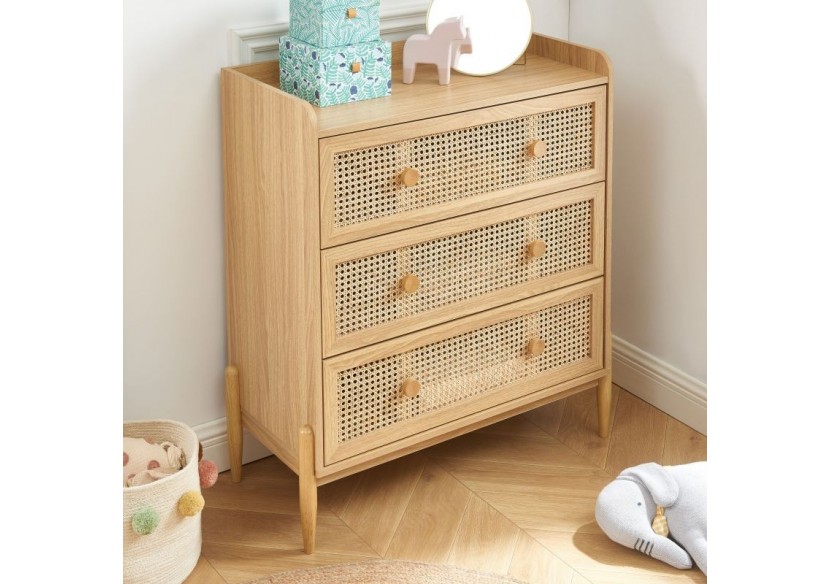 Commode PABLO cannage rotin et effet bois 3 tiroirs