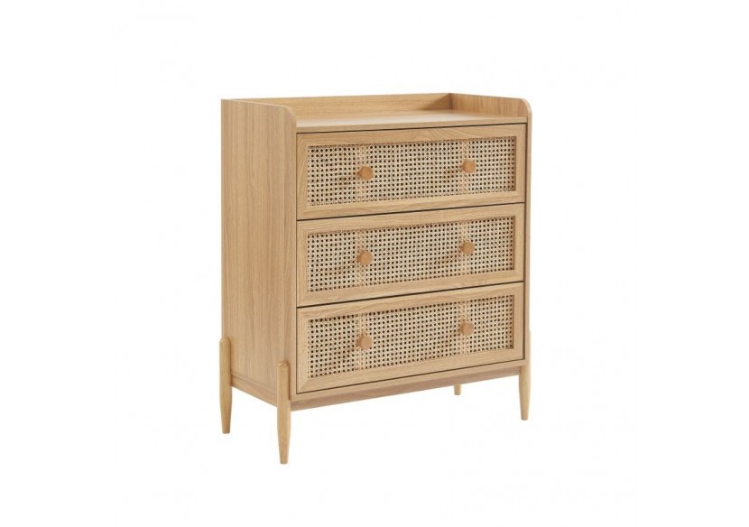 Commode PABLO cannage rotin et effet bois 3 tiroirs