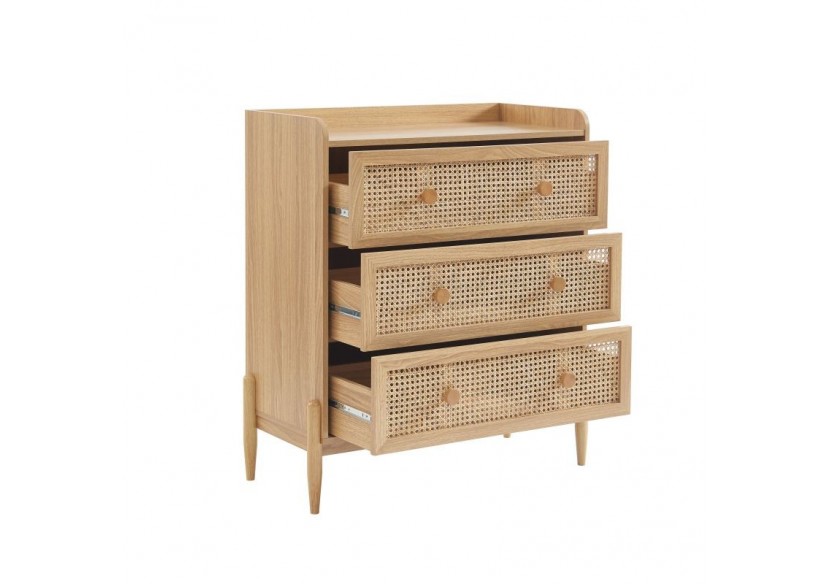 Commode PABLO cannage rotin et effet bois 3 tiroirs
