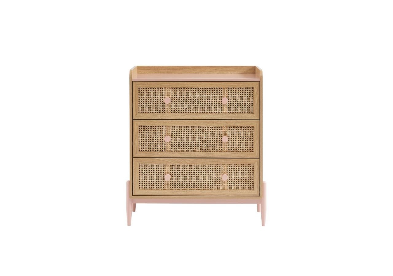 Commode PABLO rose et cannage rotin 3 tiroirs