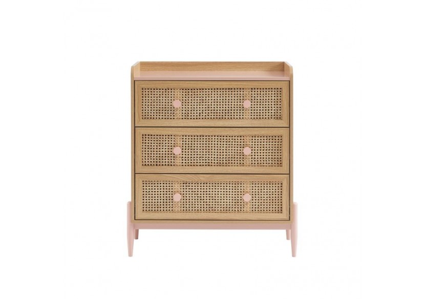 Commode PABLO rose et cannage rotin 3 tiroirs